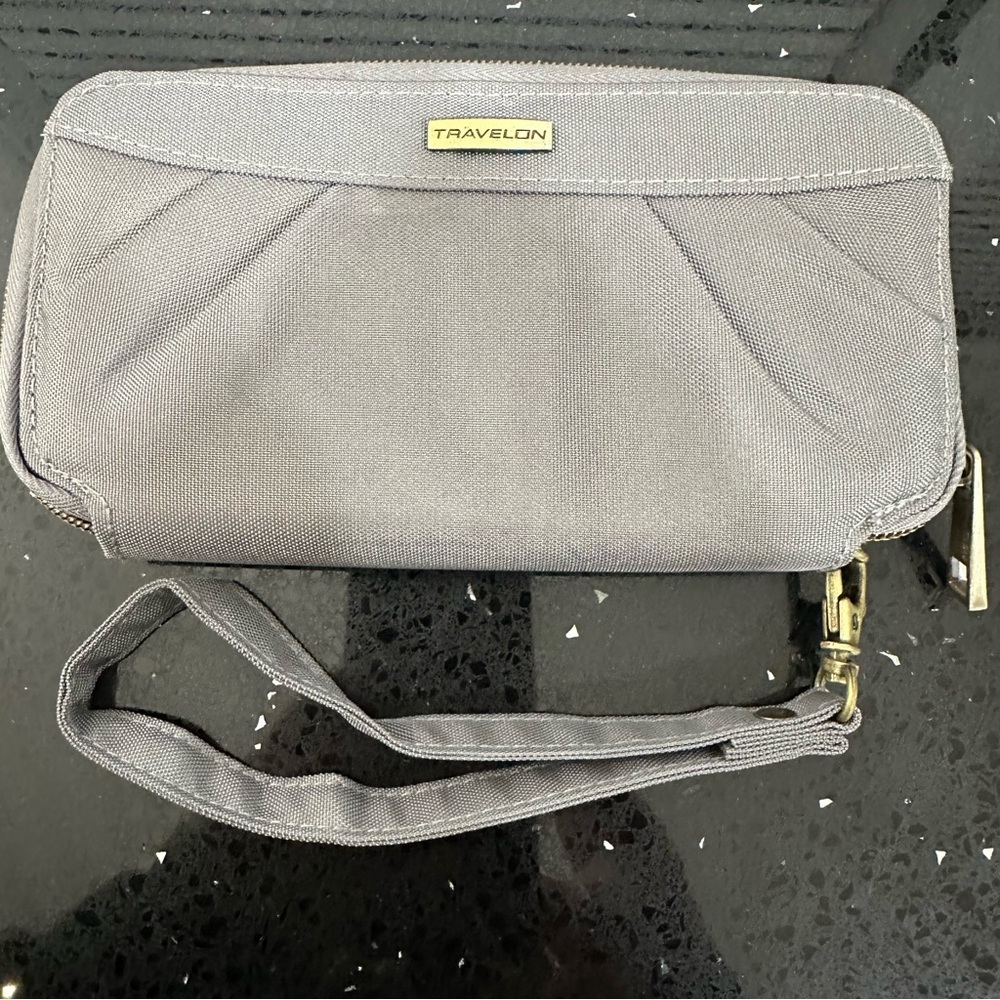 Travelon Gray RFID Blocking Zip Around Wristlet Wallet Purple Interior